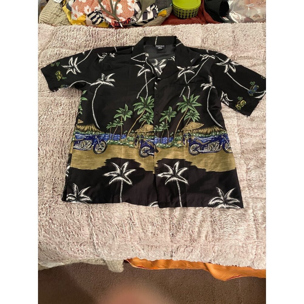 Hawaiian Style Mens L Shirt Palm Tree & Motorcycle Pacific & Co‎ Black